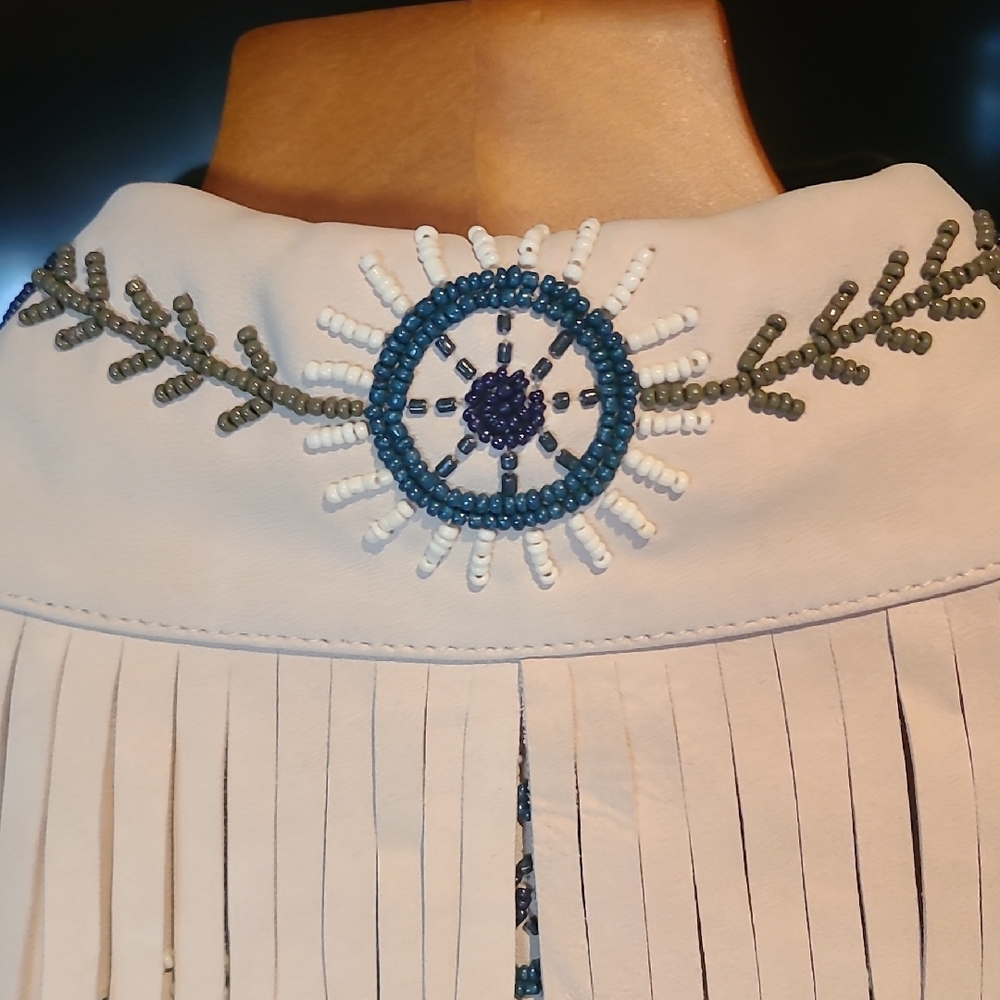 Double D Ranch Cream Leather Fringe Jacket with Blue Embroidery Western Style - Picture 8 of 13